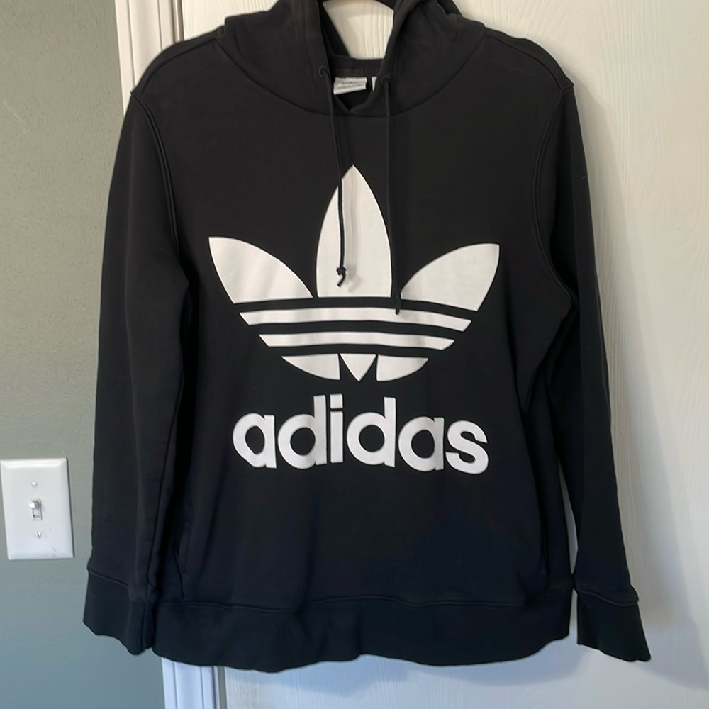 Vintage Adidas Trifold Black Logo Hooded Kangaroo Pockets Sweatshirt Sz Large
